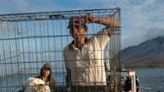 A volunteer carries a cat in a cage as they bring back animals from the foot of Mount Ruang