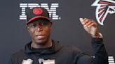 Atlanta Falcons head coach Raheem Morris speaks to members of the media during the Atlanta Falcons Rookie Minicamp at the Atlanta Falcons Training Camp...