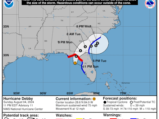 Debby strengthened to a Category 1 hurricane at night