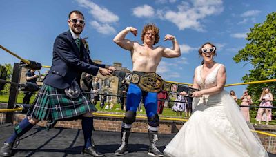 Bride and Groom Jump into the Ring After Discovering Wrestling Show Going on Next to Their Wedding