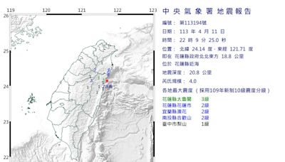 快訊/又開始搖！花蓮近海22:09發生規模4地震！最大震度3級