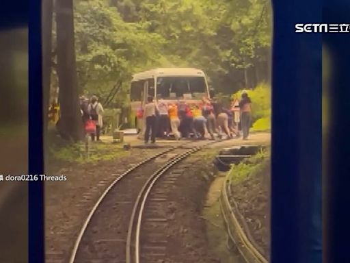 驚險！阿里山小火車經平交道 遇遊園車故障卡鐵軌
