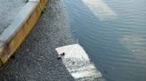 Woman canoes across carpark as floods hit London