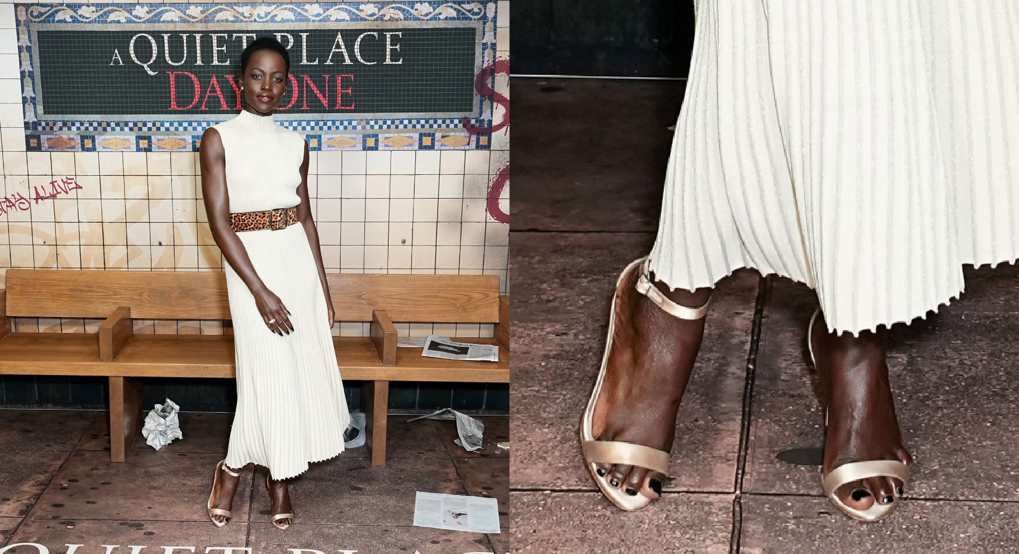 Lupita Nyong’o Shines in Gold Metallic Heels and Pleated Dress for ‘A Quiet Place: Day One’ Promotion