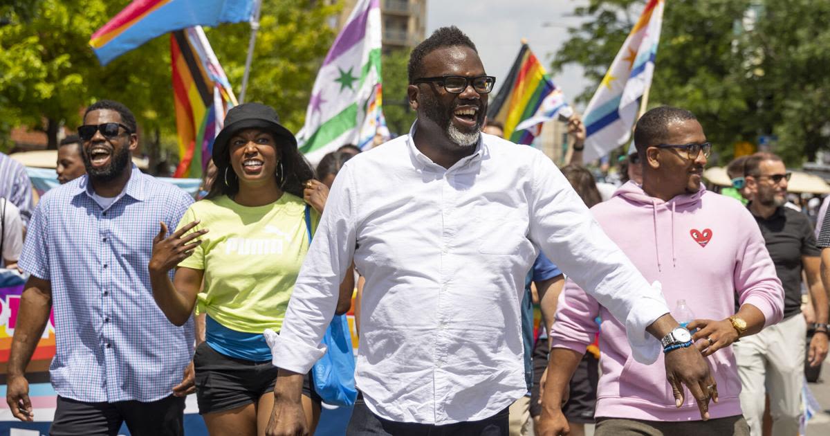 Mayor Brandon Johnson marches in the 52nd annual Chicago Pride Parade on June 25, 2023, in Chicago.