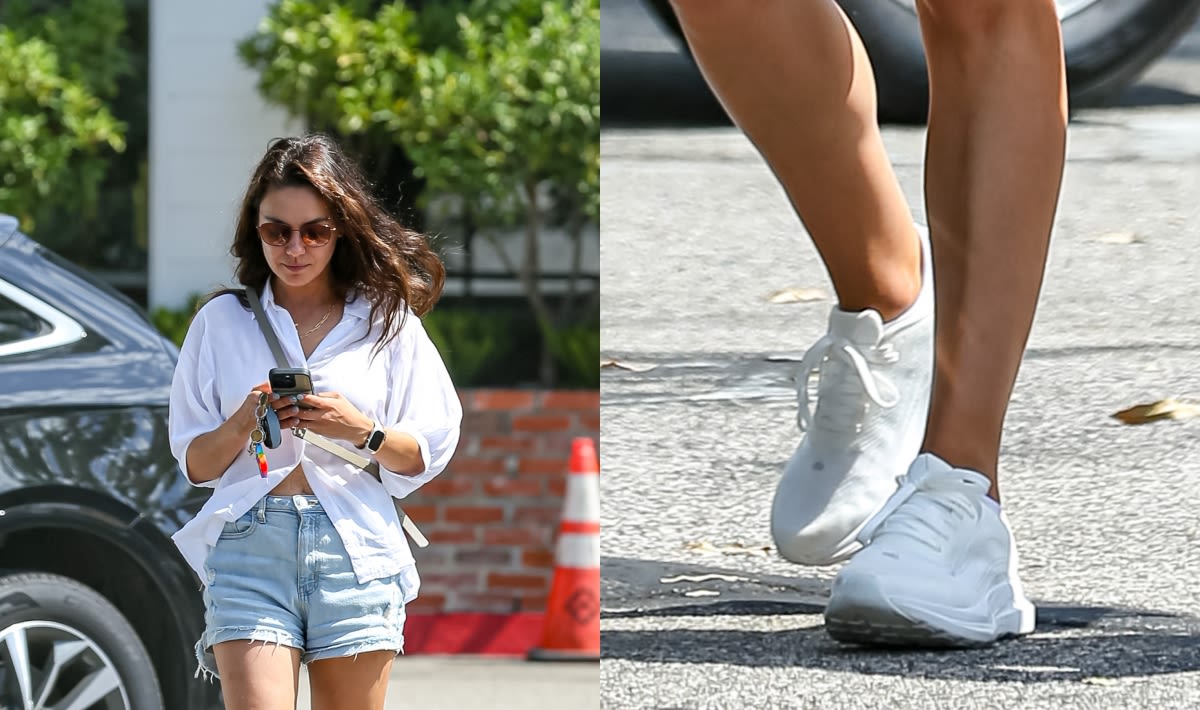 Mila Kunis Takes a Stroll in Classic All-White Athletic Sneakers in Los Angeles