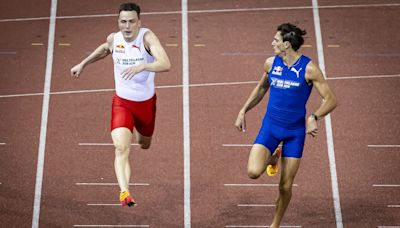 Watch: Pole vaulter Mondo Duplantis beats hurdler Karsten Warholm in 100m race – in 10.37sec