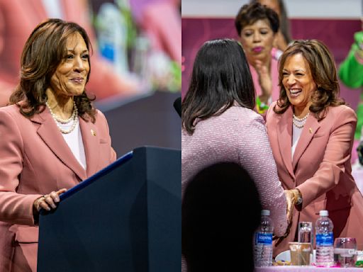 Vice President Kamala Harris Pays Homage to Her Alpha Kappa Alpha Sorority in Pink Suit and Pearls in Dallas