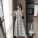 JILLI-KO 韓版復古碎花寬鬆顯瘦長款泡泡袖連衣裙- 黑色