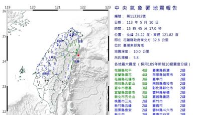 花蓮15：45「規模5.8地震」！深度僅10km 最大震度4級