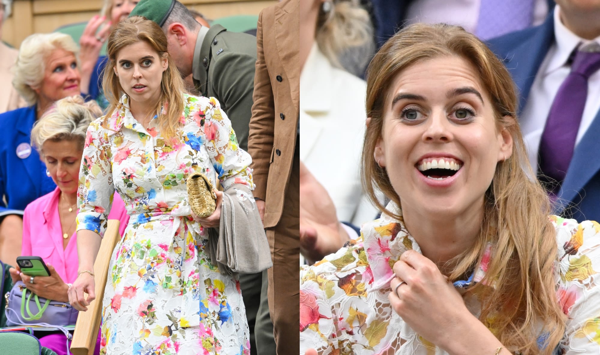 Princess Beatrice Favors Florals and Lace in Monique Lhuillier Shirtdress at 2024 Wimbledon With Husband Edoardo Mapelli Mozzi