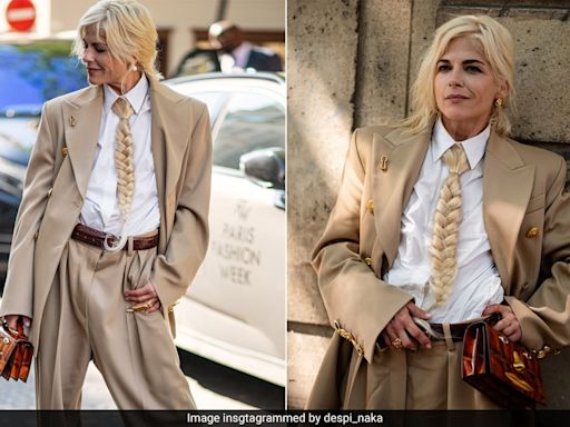 Instead Of A Regular Necktie, Selma Blair Wore A Blonde Hair Braid With Her Beige Pantsuit