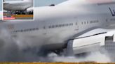 Moment Boeing 747 bounces along runway twice before aborting rough landing