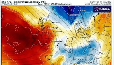 Weather map shows UK to be hit by Spanish plume with temperatures reaching 25C