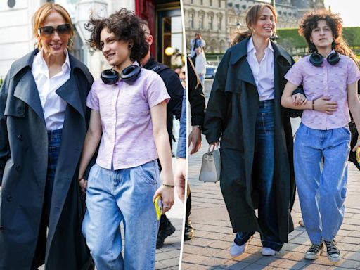 Jennifer Lopez and her child Emme, 16, hold hands at Louvre Museum during Paris trip