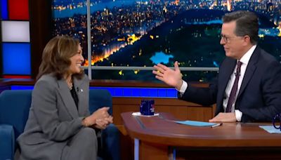 ‘This is what happens when I drink!’: Harris calls out ‘loser’ Trump as she cracks a beer with Stephen Colbert