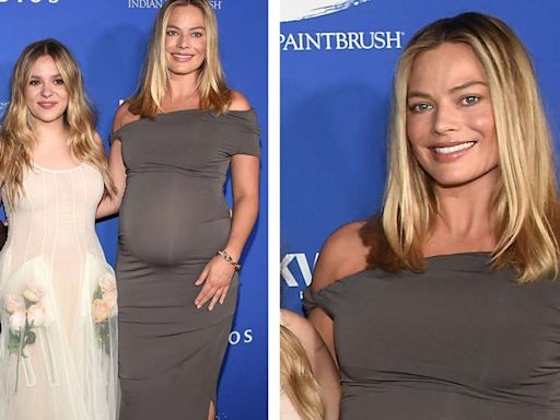 Pregnant Margot Robbie Favors Contemporary Maternity Style in Twisted-shoulder Bodycon Dress at ‘My Old Ass’ Screening With...