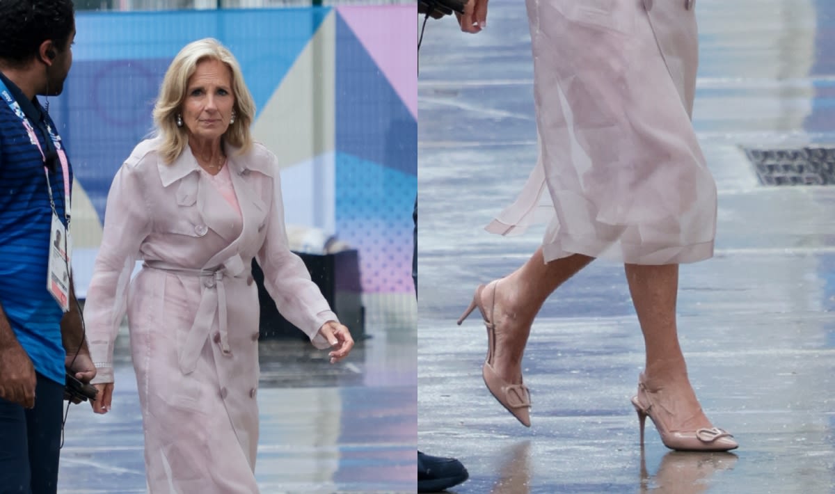 First Lady Jill Biden Steps Out in Her Favorite Valentino Slingbacks for Paris Olympics 2024 Swimming Event