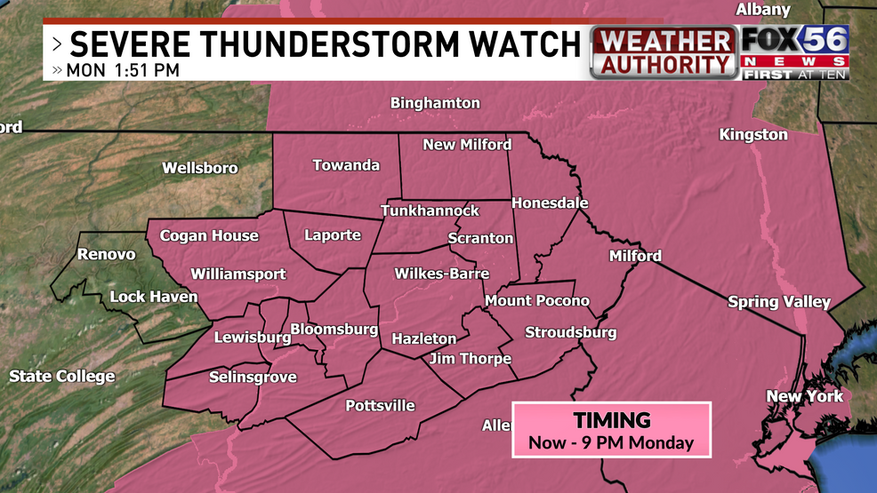 Severe Thunderstorm Watch issued until 9 PM Monday in central & northeast PA