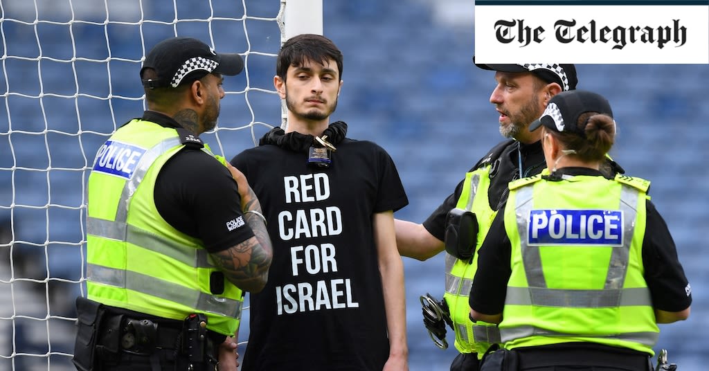 Scotland’s Israel match delayed as pro-Palestine protester chains himself to goalpost