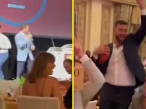 Patrick Mahomes throws insane pass to Chiefs teammate Travis Kelce during charity event with wife Brittany and Taylor Swift