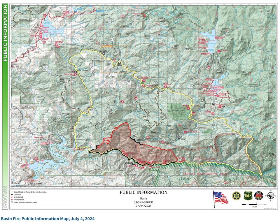 Sierra National Forest Basin Fire Update for Thursday, July 4, 2024: 46% Containment at 13,979 Acres – Includes Public Information Map