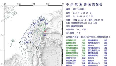 全台有感！15:45台灣東部海域規模5.8地震 最大震度4級