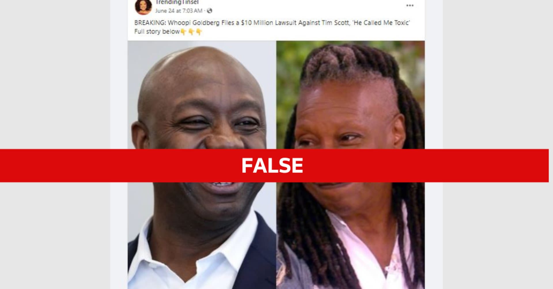 Fact Check: Report of Whoopi Goldberg suing Tim Scott stems from satire