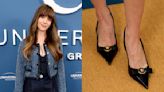 Alison Brie Pops in Bow-Embellished Versace Slingback Shoes for NBC Universal Luncheon