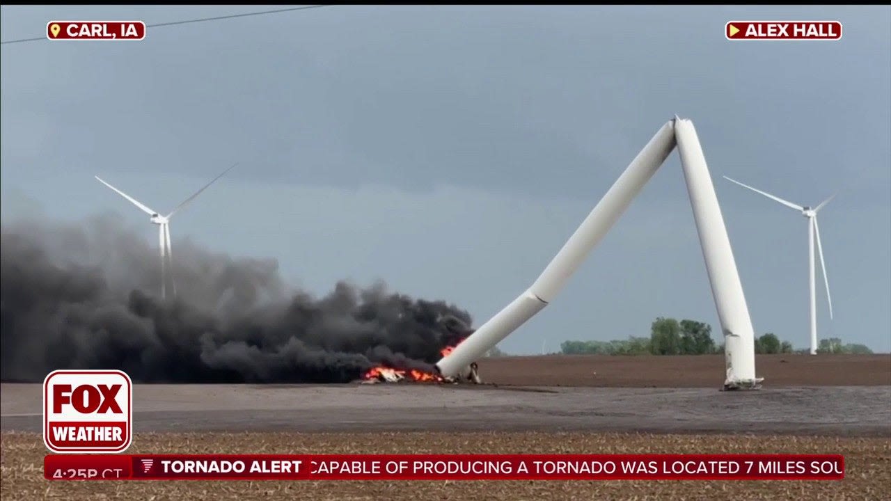 Watch: Wind turbine burns in Iowa after being destroyed by tornado