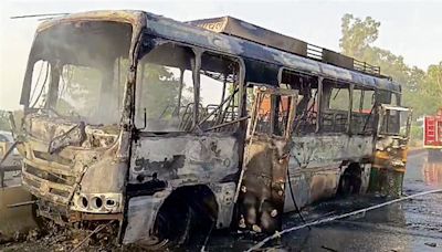 Amritsar-bound HRTC bus gutted in fire after tyre burst
