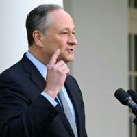 US Second Gentleman Doug Emhoff speaks at a celebration for Jewish American Heritage Month at the Rose Garden of the White House in ...