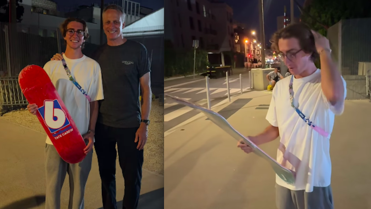 Tony Hawk Surprises Tate Carew with Birdhouse Pro Model at Paris Olympics