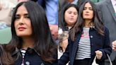 Salma Hayek Flaunts Nautical Flairs in Navy Tweed Gucci Jacket and Graphic Striped Top at Wimbledon Day Seven