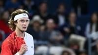 Andrey Rublev celebrates a 6-4, 6-2 victory over Matteo Arnaldi of Italy to reach the ATP Montreal Masters final