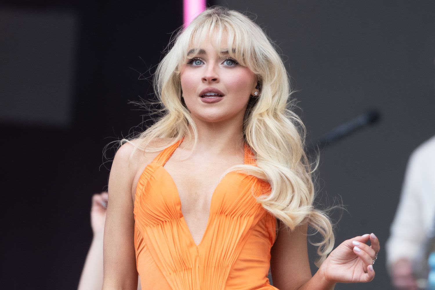 Sabrina Carpenter Channels Y2K Pop Star Style in an Orange Roberto Cavalli Minidress