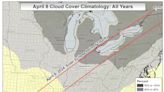 Weather forecast for April 8 (solar eclipse day) showing rain, clouds