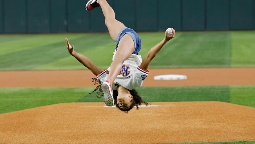 Gymnastics gold medalist Hezly Rivera flips, throws first pitch for Texas Rangers