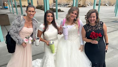 A school told its staff to wear something from the back of their closet, so 2 teachers dug out their wedding dresses