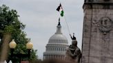 Protesters hoist Palestinian flags in Washington during Netanyahu speech