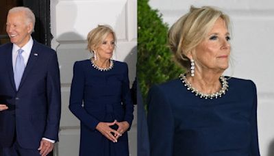 Jill Biden Brings Bling and Blue Together in Jenny Packham Knotted Midi Dress for NATO Summit 2024 Dinner at White House