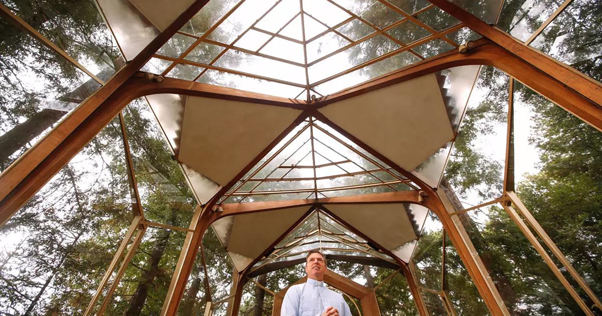 David Brown stands inside the Wayfarers Chapel in Rancho Palos Verdes, California.