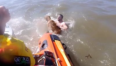Moment coastguard rescue man and pet after being swept out to sea