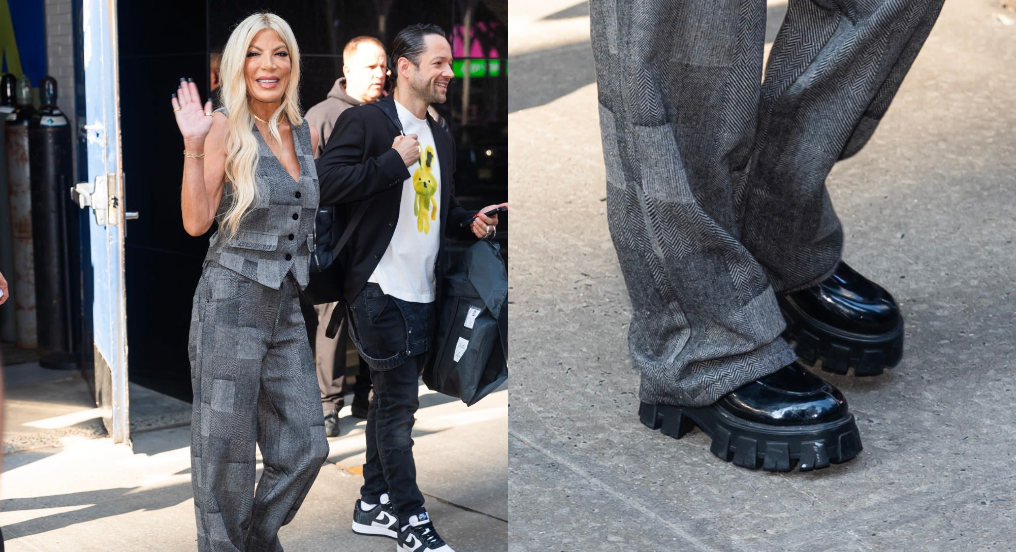 Tori Spelling Elevates Gray Patchwork Ensemble With Black Patent Leather Platform Shoes as She Joins “Dancing With the Stars”