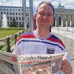 Journalist flies flag for Camden New Journal at Euro 2024 final - Journalism News from HoldtheFrontPage