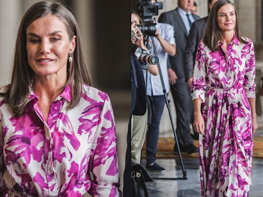 ...Queen Letizia of Spain Favors Floral Maximalism in CH Carolina Herrera Shirtdress With Vibrant Prints for Barcelona City...