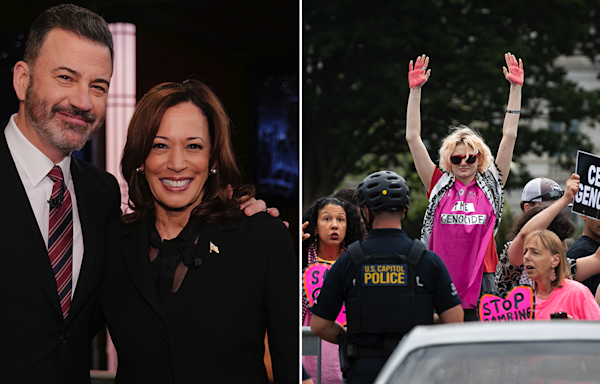 Kamala Harris appearance on Jimmy Kimmel show disrupted by anti-Israel protesters calling her a murderer