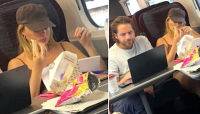 Pregnant Margot Robbie attempts to go incognito while eating Pret on train