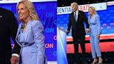 Jill Biden Softens Power Suiting in Monochrome Periwinkle Look With Glittering Brooches for CNN Presidential Debate