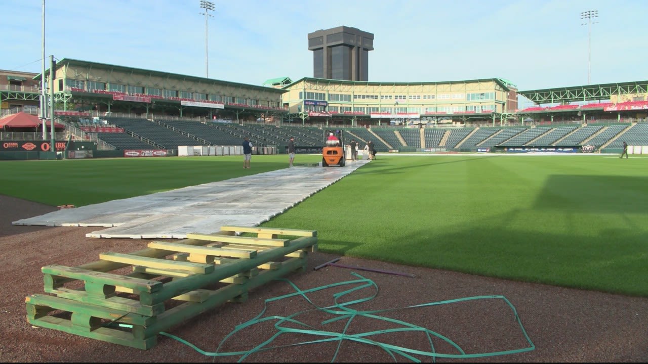 Excitement builds as crews begin to assemble the stage for the Adam Wainwright concert